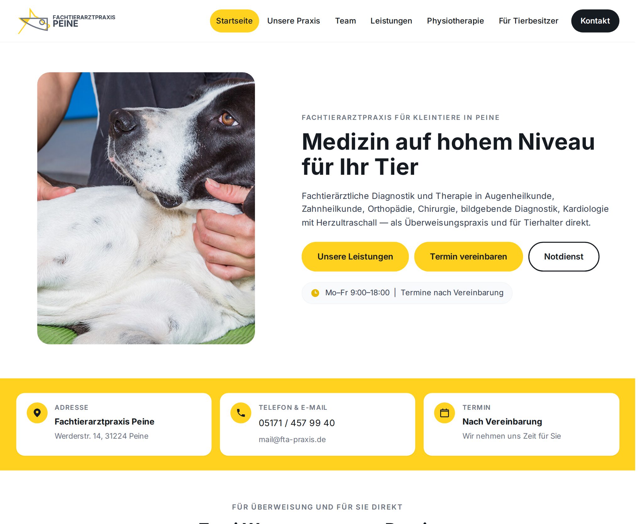 Startseite der Webseite der Fachtierarztpraxis Peine, umgesetzt von Jan Füllemann.